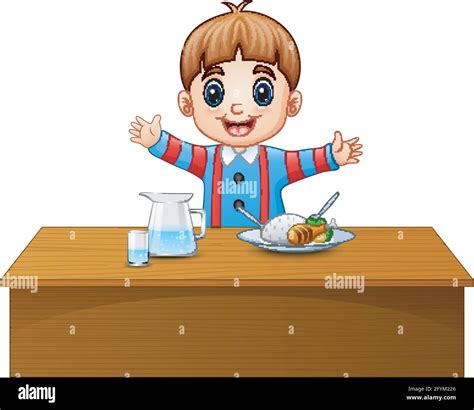 Cartoon Happy Boy Ready Eating On Dining Table Stock Vector Image And Art