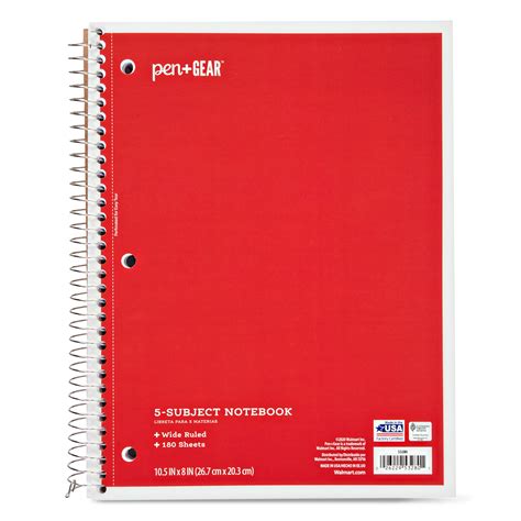 Pengear Wide Ruled 5 Subject Spiral Notebook Red 105 X 8 180