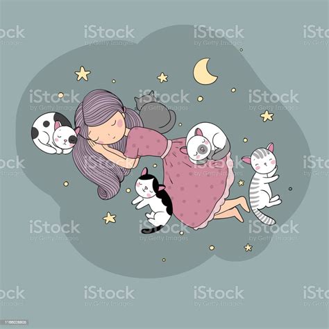 Sleeping Girl And Cat In Bed Good Night Sweet Dreams Vector Illustration Bed Time Isolated
