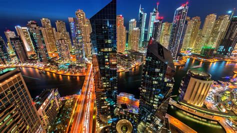 Puerto Deportivo De Dubai Uae Ciudad Noche Edificios Rascacielos