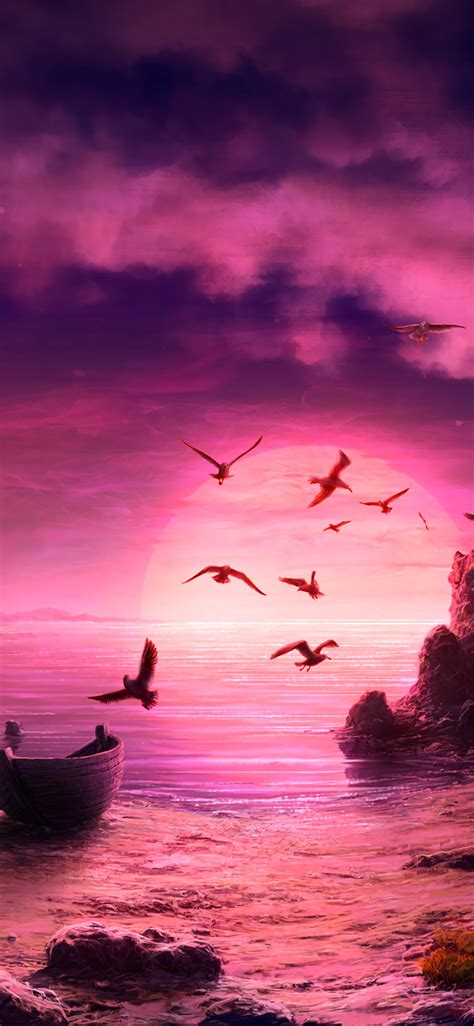 1125x2436 Seagull Birds Boat Landscape Purple Sunset Iphone Xsiphone