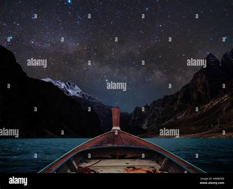 Travelling On Lake At Night By Boat Sky Full Of Star And Milky Way