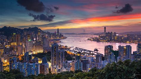 Hong Kong City In China Skyscrapers Buildings Sunset View From Braemar