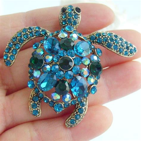 Lovely Turtle Tortoise Brooch Pin Blue Green Rhinestone Crystals