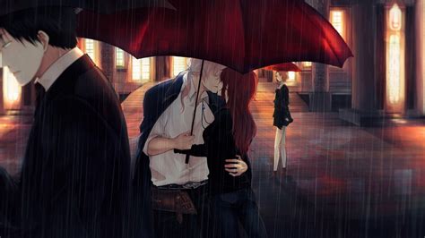 Download 1920x1080 Wallpaper Rain Couple Anime Kiss Umbrella