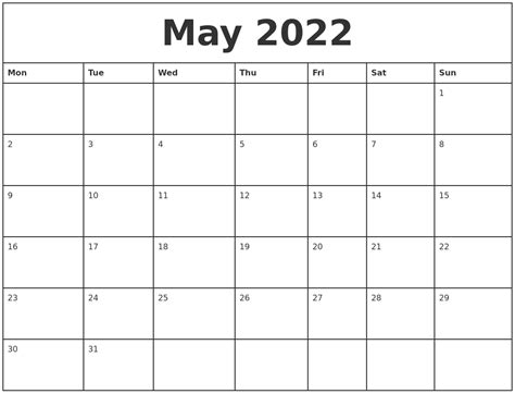 May 2022 Printable Monthly Calendar