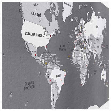 Pôster Mapa Múndi Prata Efeito Metálico Brilhante 220 Pins Adesivos