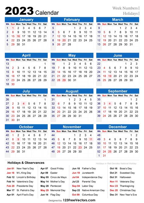 Free 2023 Holiday Calendar With Week Numbers Calendar With Week