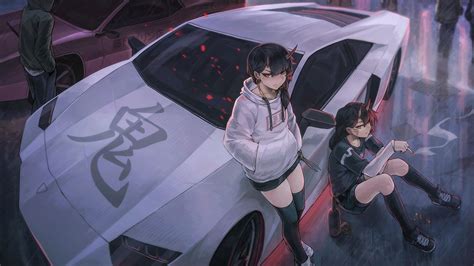 Anime Anime Girls Oni Kanji Car Lamborghini Aventador High Angle