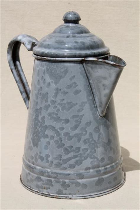 Antique Grey Graniteware Enamel Coffeepot Primitive Vintage Coffee Pot