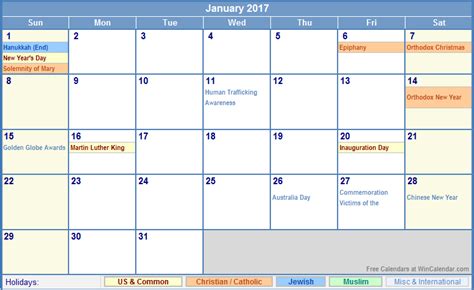 January 2017 Us Calendar With Holidays For Printing Image Format