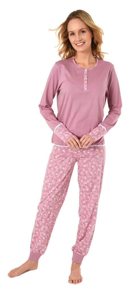 Damen Pyjama Schlafanzug Mit Bündchen Knopfleiste Und Spitzenbesatz Paysley Muster Tag Und