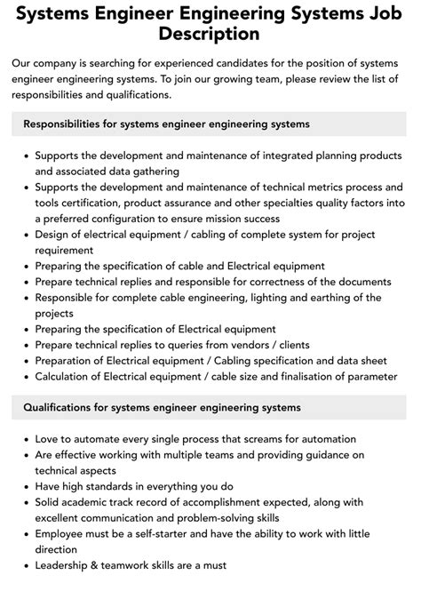 Systems Engineer Engineering Systems Job Description Velvet Jobs