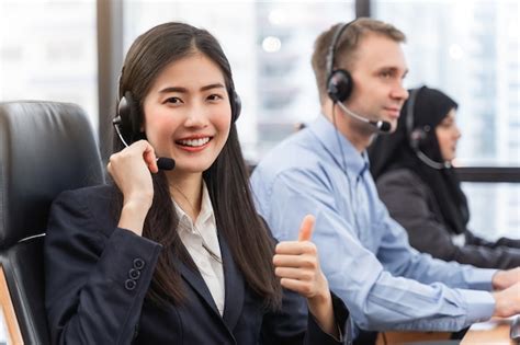 Premium Photo Happy Smiling Operator Asian Woman Is Customer Service Agent With Headsets