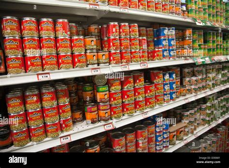 Canned Goods On Shelf In Supermarket In Oaxaca Mexico Stock Photo