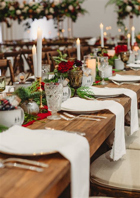 Indoor Tampa Christmas Wedding Reception With Wood Farm Feasting Tables