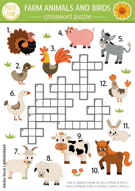 Vector Farm Animals And Birds Crossword Puzzle For Kids Simple On The