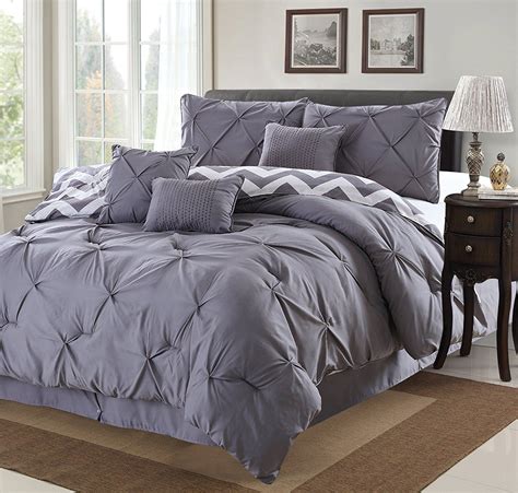 7 Piece Modern Pinch Pleated Comforter Set Queen Grey