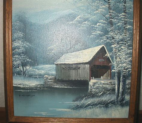 Covered Bridge Oil Painting Winter Snow Blue Wonderland Scene Trees And