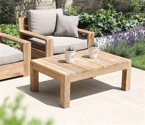 Instead of a coffee table, line up two square wicker end tables in front of an outdoor sofa. Teak Outdoor Coffee Table - Jo Alexander