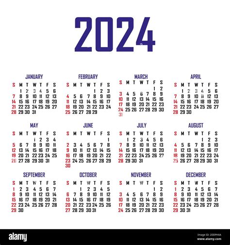 Simple 2024 Year Calendar Week Stock Vektorgrafiken Kaufen Alamy