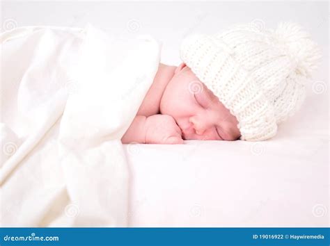 Little Newborn Baby Sleeping On White With Blanket Stock Photo Image