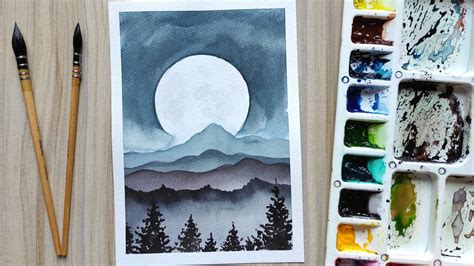 Watercolor Full Moon And Mountains Step By Step Painting Tutorial For