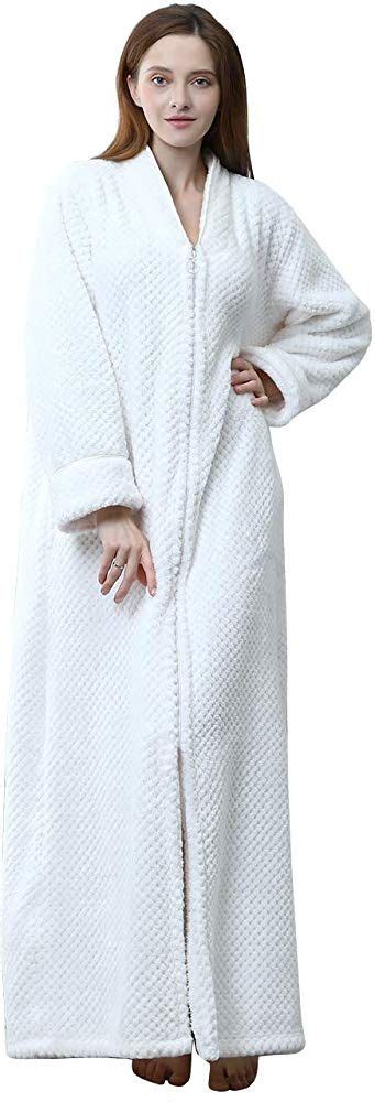 Icreat Womens Zip Front Bathrobe Premium Flannel Fleece Plush Caftan