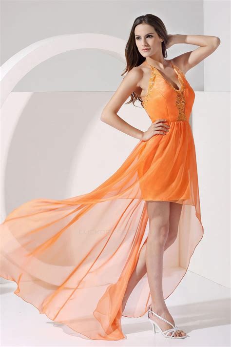 High Low V Neck Lace And Chiffon Prom Evening Dresses Ed010807