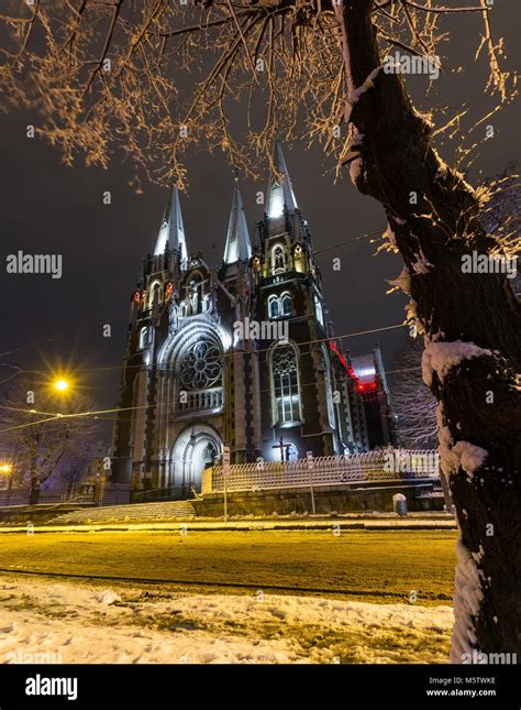 Beautiful Illuminated Night Winter Church Of St Olha And Elizabeth In