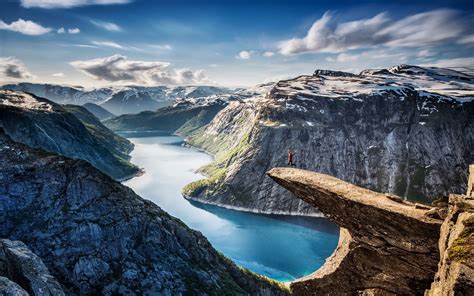 Nature Landscape Fjord Norway Canyon Cliff Snow Mountain Clouds