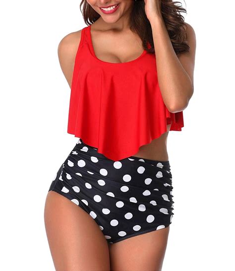 Red High Waisted Two Piece Swimsuit Cheap Floral Printed Cute High