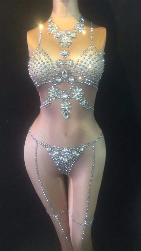 Bright Silver Rhinestones Nude Jumpsuit Shoot Outfit Stage Dance Petal