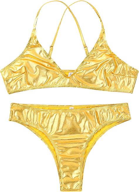 Women’s Metallic 2 Piece Triangle Bikini Set Sexy Liquid Thong Monokini Shiny Swimwear