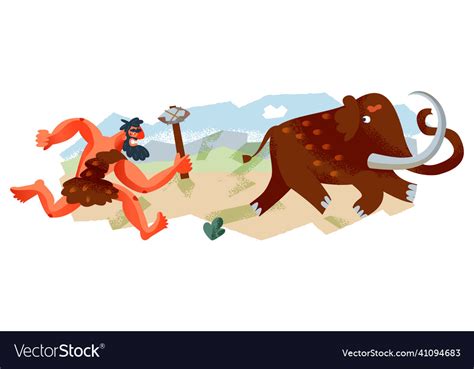 Caveman Hunting Mammoth In Stone Age Prehistoric Vector Image