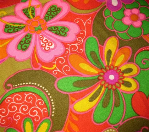 Mod 70s Psychedelic Print Fabric Large Bright Print Hot