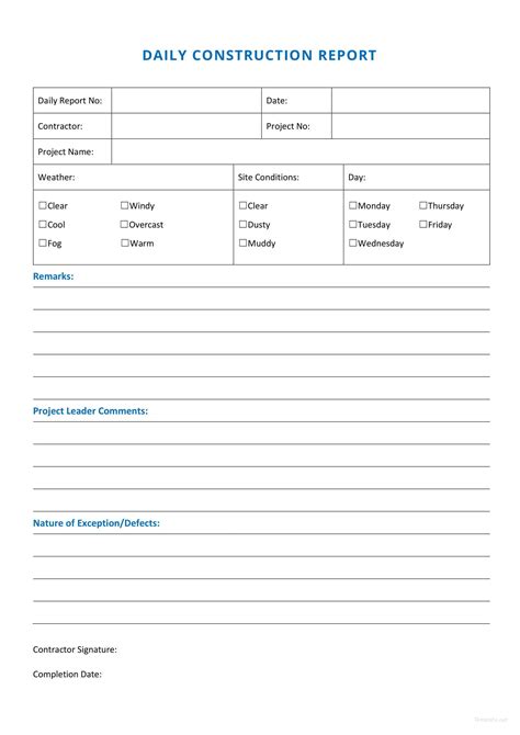 Daily Construction Report Sample Template In Microsoft Word Pdf