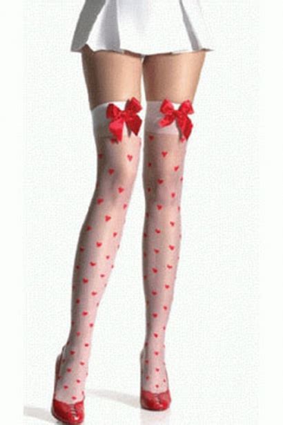 Sheer White Thigh High Stockings With Babe Red Hearts And Welts With Red Satin Bows