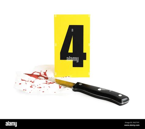 Bloody Knife Napkin And Crime Scene Marker With Number Four Isolated