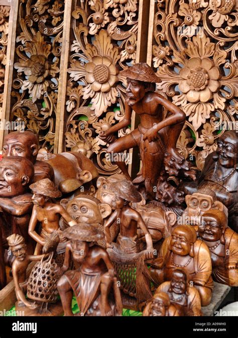 Ubud Market Stall With Wooden Carvings For Sale Bali Indonesia Stock