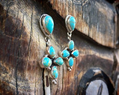 Turquoise Cluster Earrings For Women Signed Navajo Jewelry Native