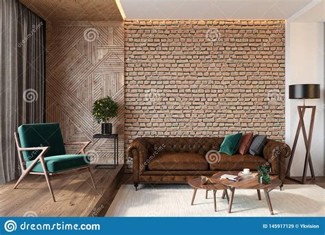 Modern Living Room Interior With Brick Wall Blank Wall Leather Brown