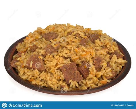 Rice Pilaf With Meat Carrot And Onion In A Plate Isolated On White