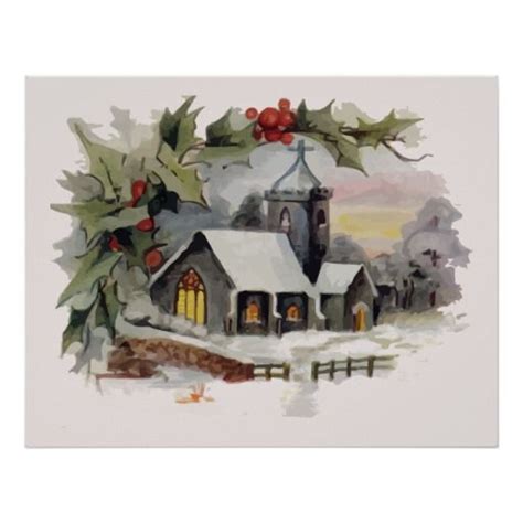 Watercolor Christmas Church Scene Poster Christmas