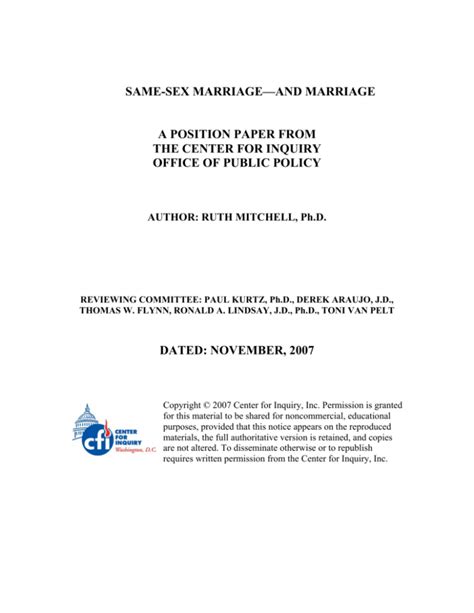 Same Sex Marriage—and Marriage A Position Paper