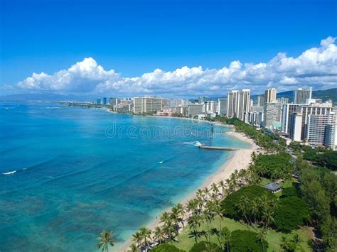 Panoramic Drone Aerial Views Of Waikiki Beach Honolulu Hawaii United States Of America Stock