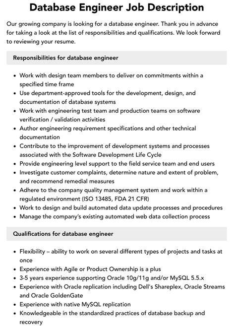 Database Engineer Job Description Velvet Jobs