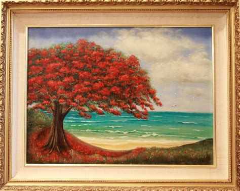 This Is A Painting Of A Flamboyan Flame Tree By A Beach In Puerto