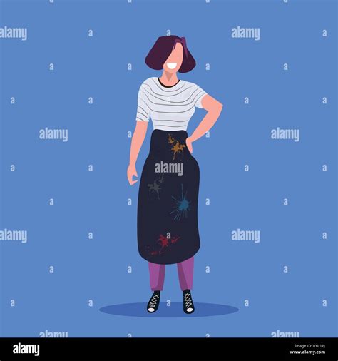 Woman Painter In Dark Apron Standing Pose Professional Occupation Concept Happy Female Cartoon