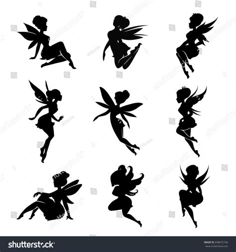 Set Silhouettes Fairies Isolated On White Stock Vector Royalty Free
